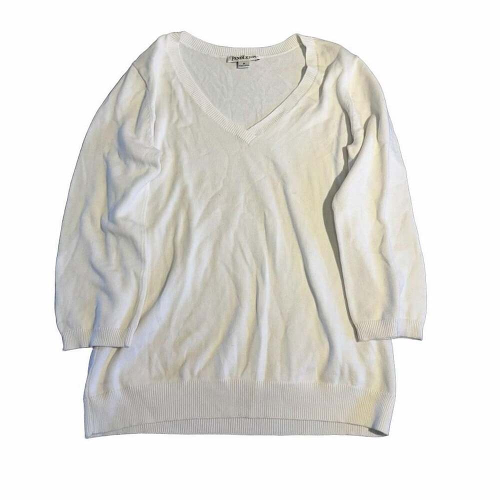 Pendleton V-Neck Sweater Size M White Knit Long Sleeve Pullover Top